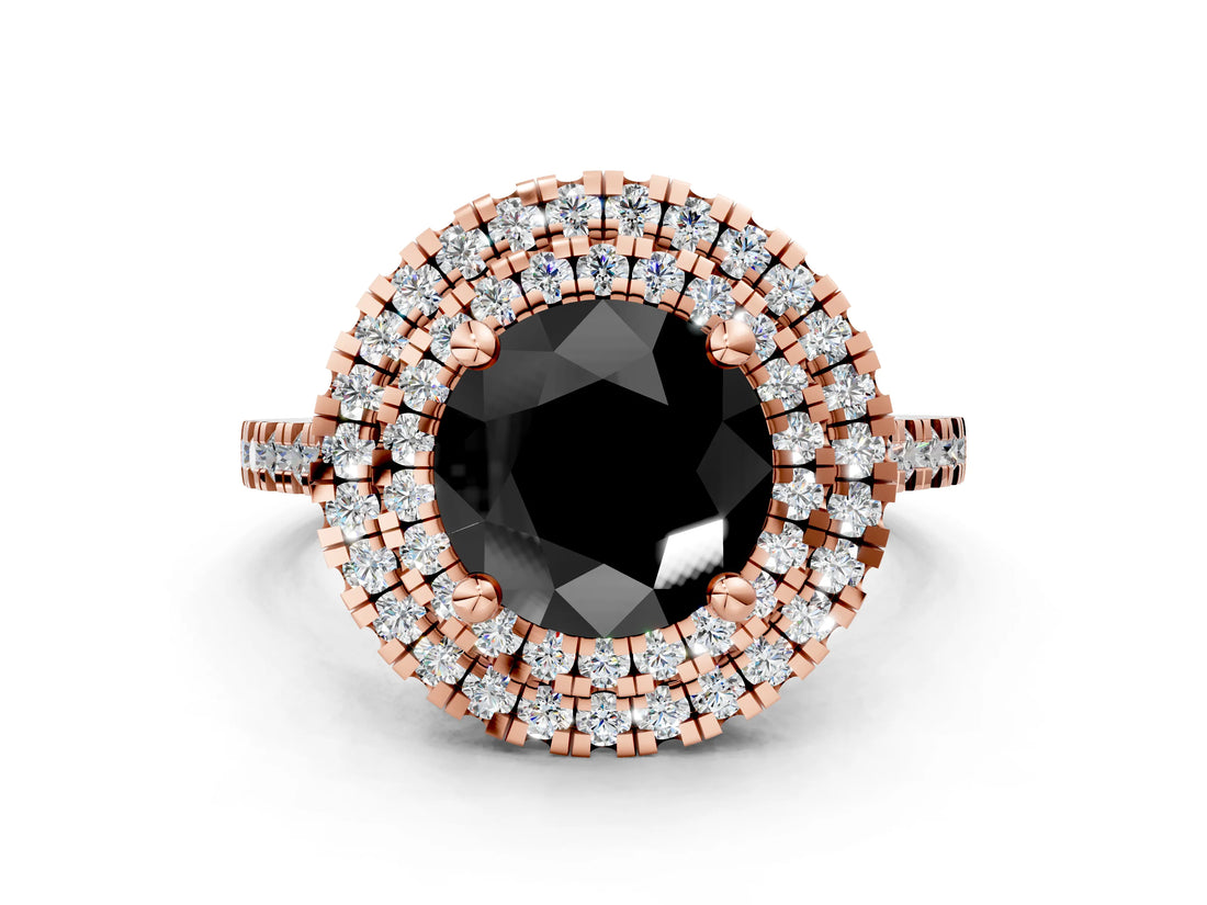 Rose gold Double Halo Fancy Black Round Cut Diamond Pavé Band with Four-Prong Setting