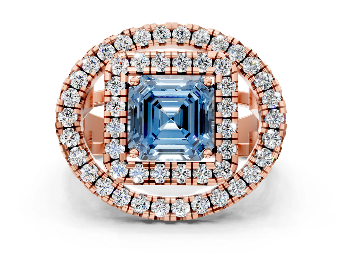 Rose gold Double Halo Fancy Blue Asscher Cut Diamond Split Shank Prong Setting Ring
