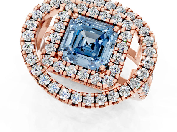Rose Gold Asscher Cut Halo Engagement Ring Setting for Fancy Blue Center - Design RJ-762