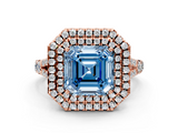 Rose gold Double Halo Fancy Blue Asscher  Cut Diamond Split Shank Ring with Four Prong Setting