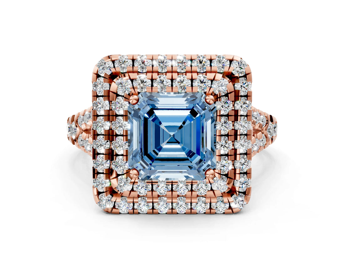 Rose gold Double Halo Fancy Blue Asscher  Cut Pave Split Shank Prong Set Ring_15