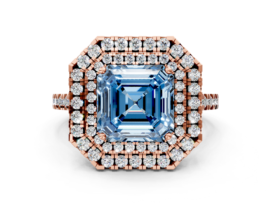 Rose gold Double Halo Fancy Blue Asscher  Diamond Pave Band with Four-Prong Setting