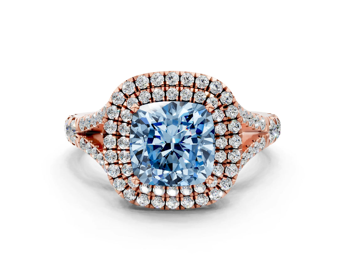 Rose gold Double Halo Fancy Blue Cushion -Shaped Split Shank Diamond Ring with Prong Setting_15