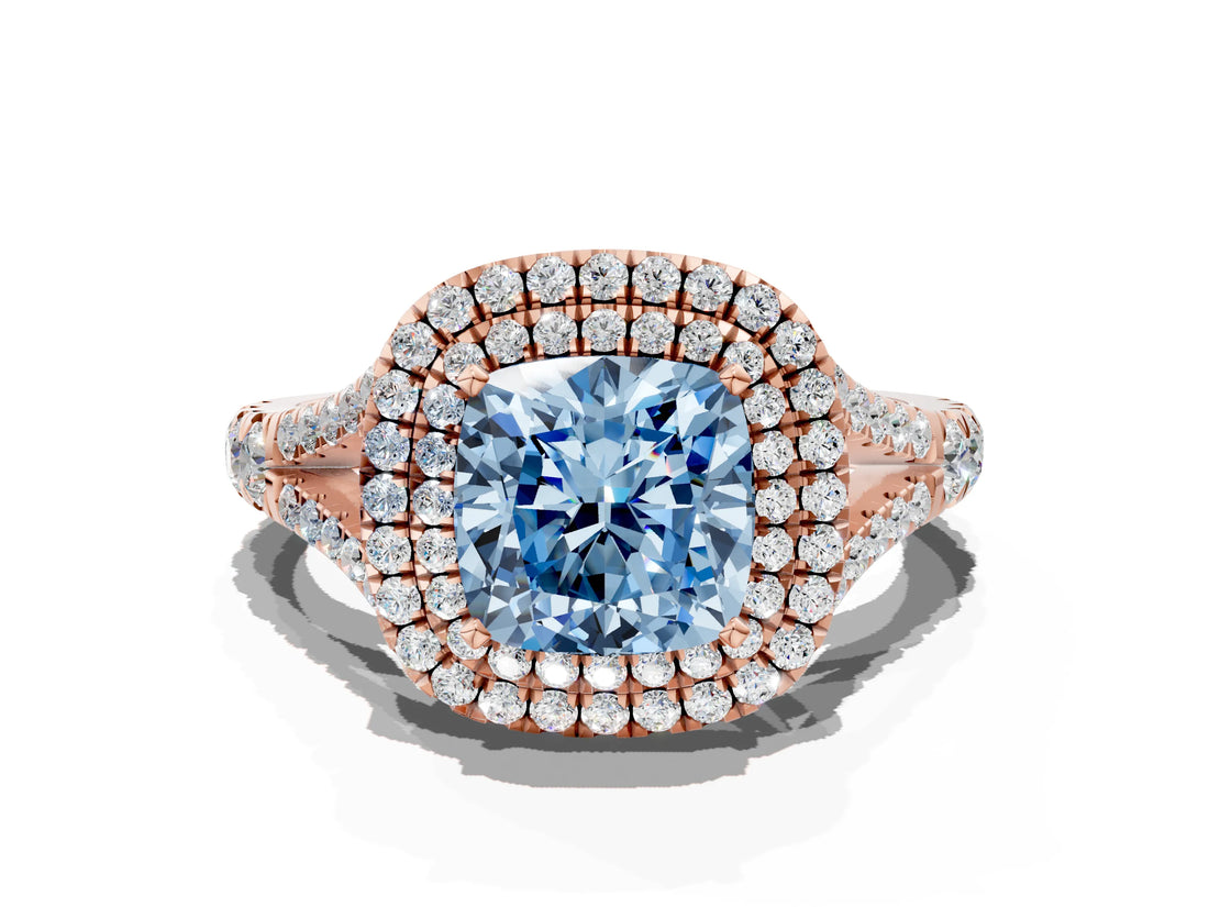 Rose gold Double Halo Fancy Blue Cushion Cut Diamond Split Shank Engagement Ring with Four-Prong Setting_3