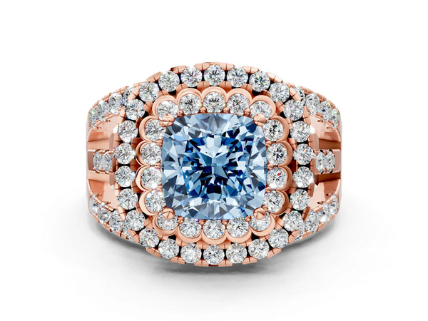Rose gold Double Halo Fancy Blue Cushion Cut Diamond Split Shank Pave Set Ring