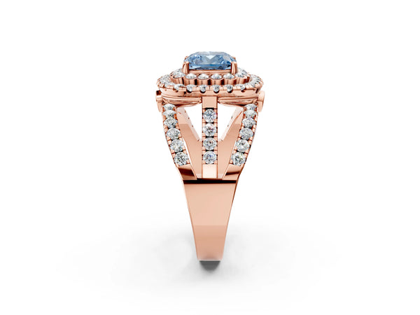 Rose gold Double Halo Fancy Blue Cushion Cut Diamond Split Shank Pave Set Ring