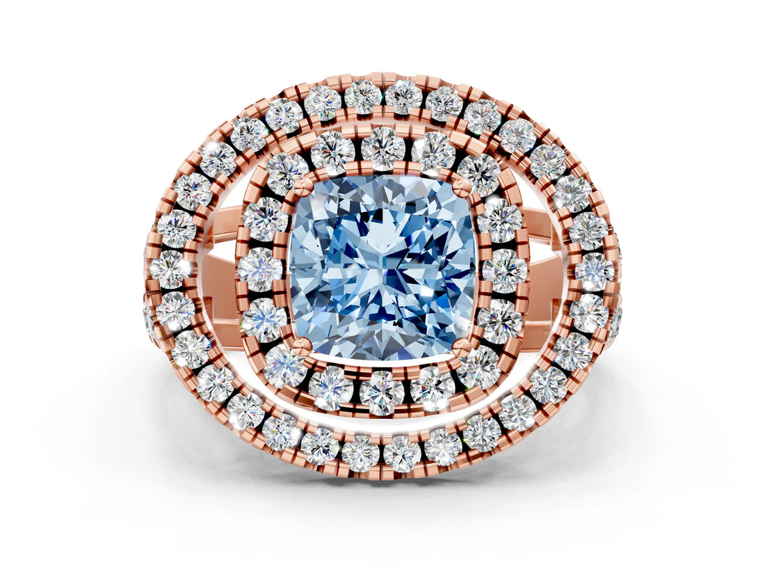 Rose gold Double Halo Fancy Blue Cushion Cut Diamond Split Shank Prong Setting Ring