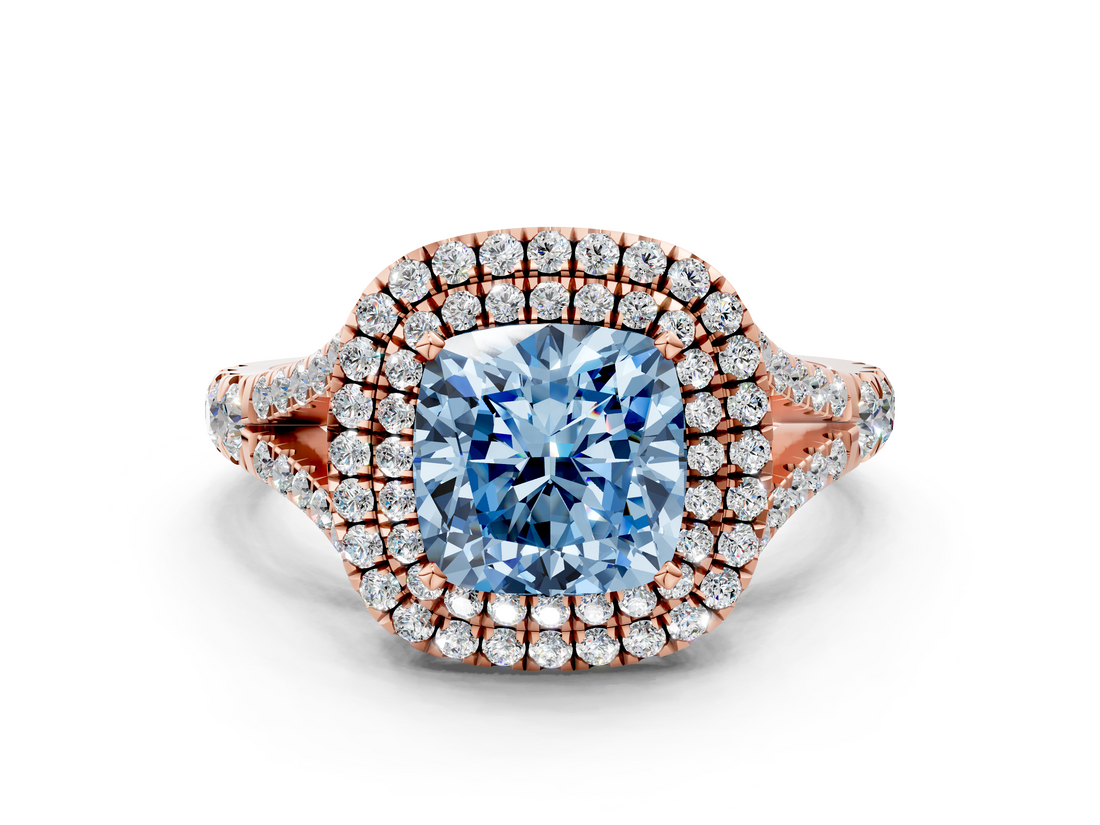 Rose gold Double Halo Fancy Blue Cushion  Cut Diamond Split Shank Ring with Four Prong Setting_20