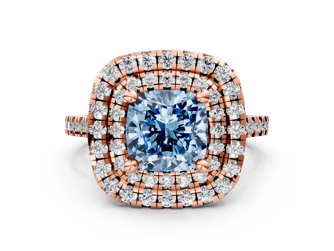 Rose gold Double Halo Fancy Blue Cushion  Diamond Pave Band with Four-Prong Setting_43