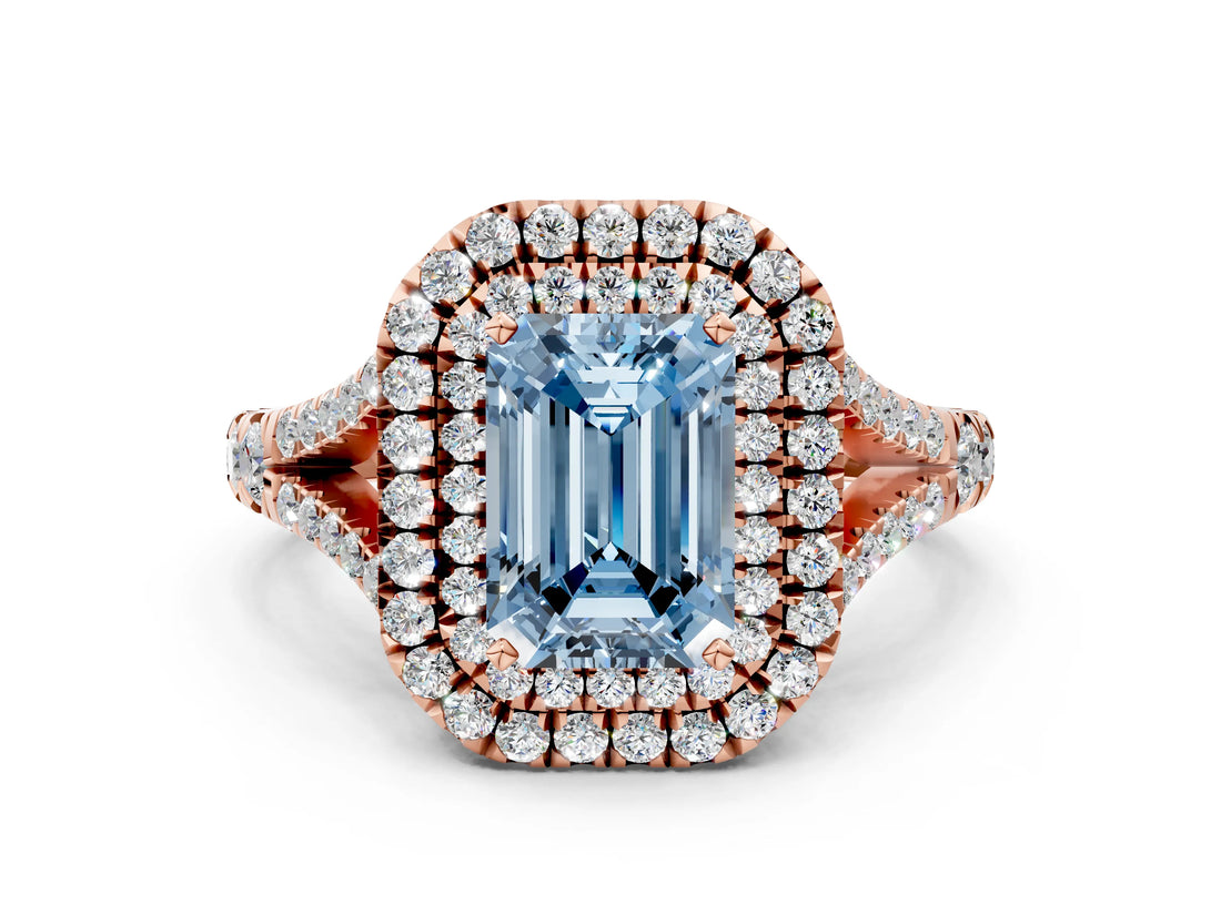 Rose gold Double Halo Fancy Blue Emerald -Shaped Split Shank Diamond Ring with Prong Setting_15