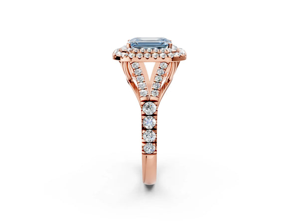 Rose gold Fancy Blue Emerald Cut Diamond Double Halo Ring with Split Shank and Prong Setting