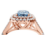 Rose gold Double Halo Fancy Blue Emerald -Shaped Split Shank Diamond Ring with Prong Setting_19