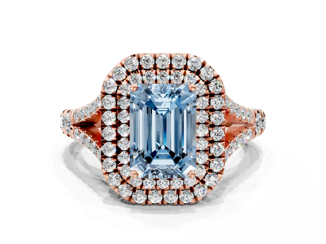 Rose gold Double Halo Fancy Blue Emerald Cut Diamond Split Shank Engagement Ring with Four-Prong Setting_3
