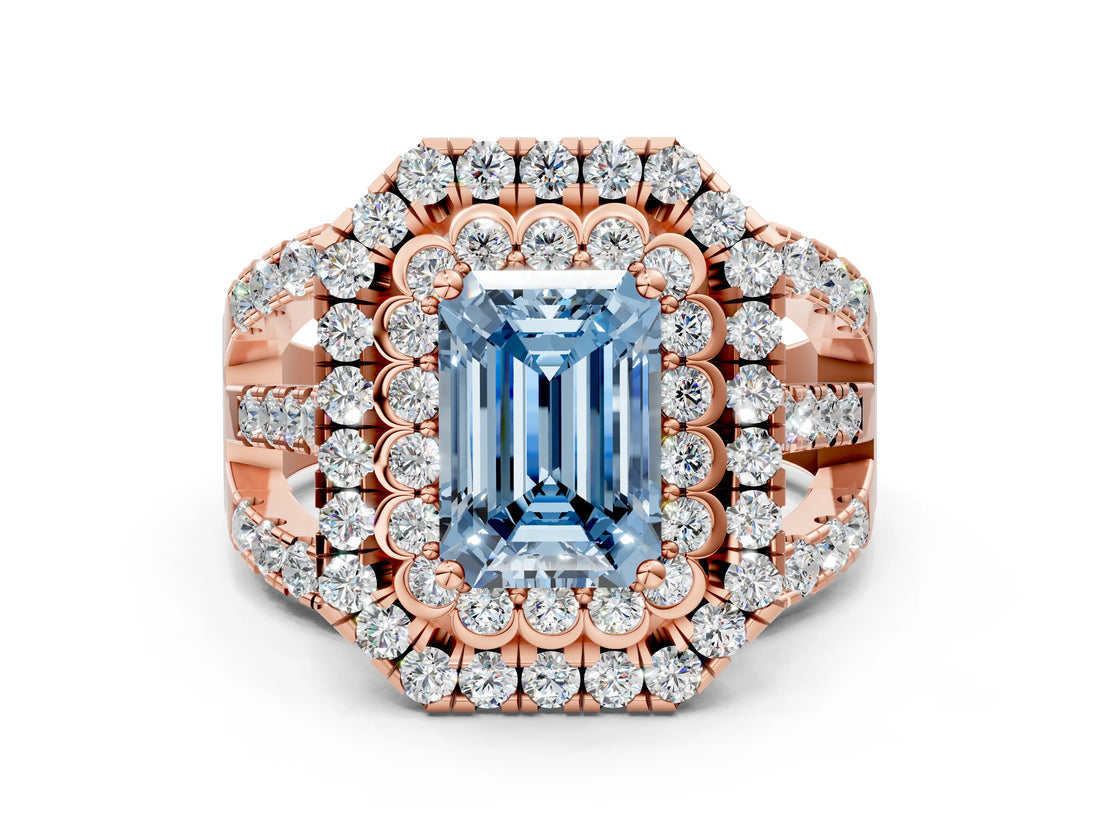 Rose gold Double Halo Fancy Blue Emerald Cut Diamond Split Shank Pave Set Ring_3