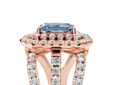 Rose gold Double Halo Fancy Blue Emerald Cut Diamond Split Shank Pave Set Ring_8