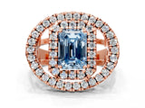 Rose gold Double Halo Fancy Blue Emerald Cut Diamond Split Shank Prong Setting Ring