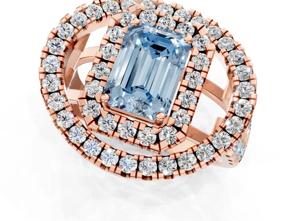 Rose Gold Emerald Cut Halo Engagement Ring Setting for Fancy Blue Center - Design RJ-762