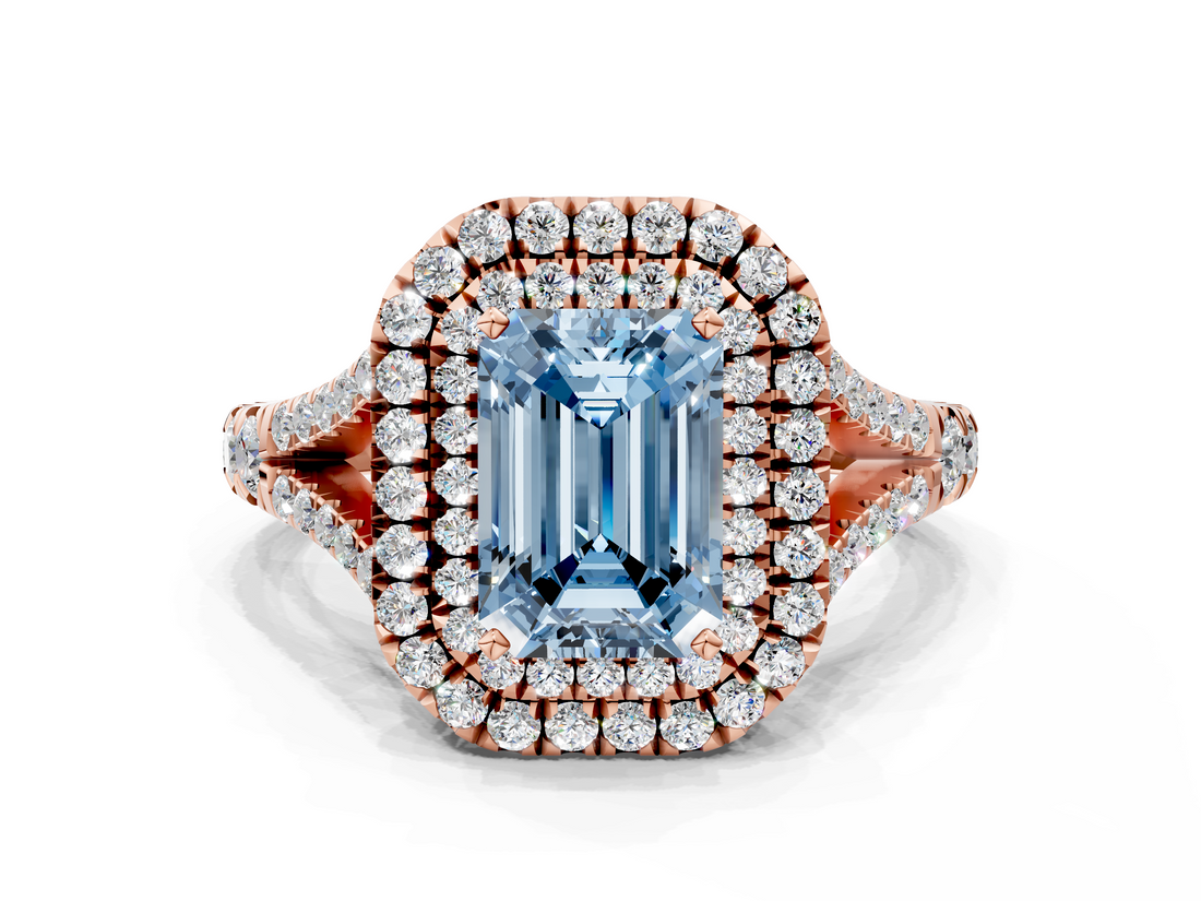 Rose gold Double Halo Fancy Blue Emerald  Cut Diamond Split Shank Ring with Four Prong Setting_20