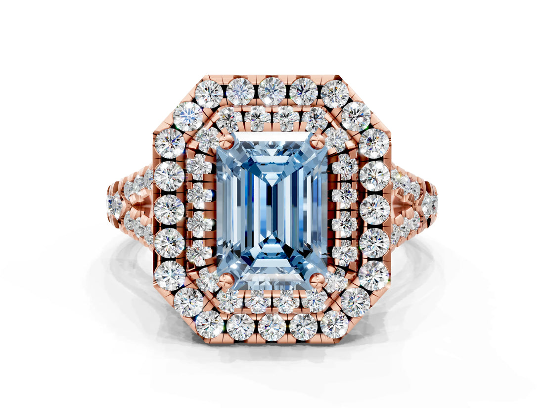 Rose gold Double Halo Fancy Blue Emerald  Cut Pave Split Shank Prong Set Ring_15