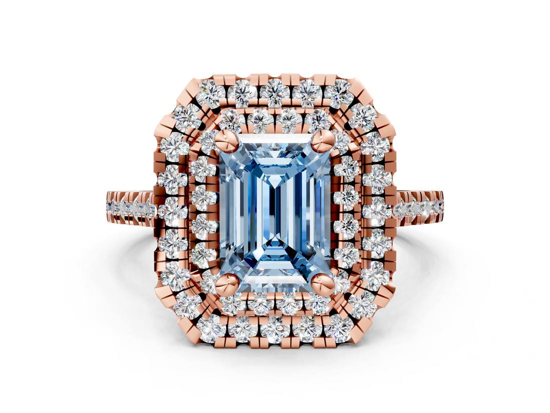 Rose gold Double Halo Fancy Blue Emerald  Diamond Pave Band with Four-Prong Setting_48