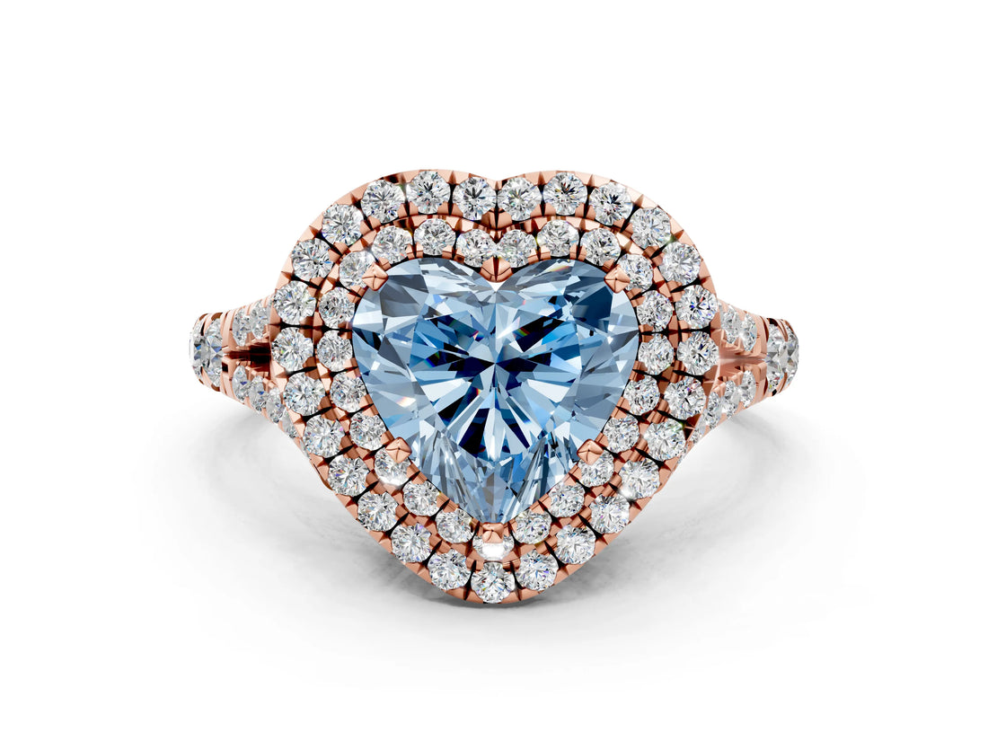 Rose gold Double Halo Fancy Blue Heart -Shaped Split Shank Diamond Ring with Prong Setting_15