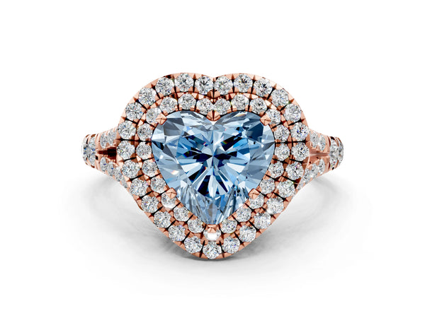 Rose gold Fancy Blue Heart Cut Diamond Double Halo Ring with Split Shank and Prong Setting