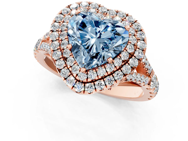 Rose gold Fancy Blue Heart Cut Diamond Double Halo Ring with Split Shank and Prong Setting