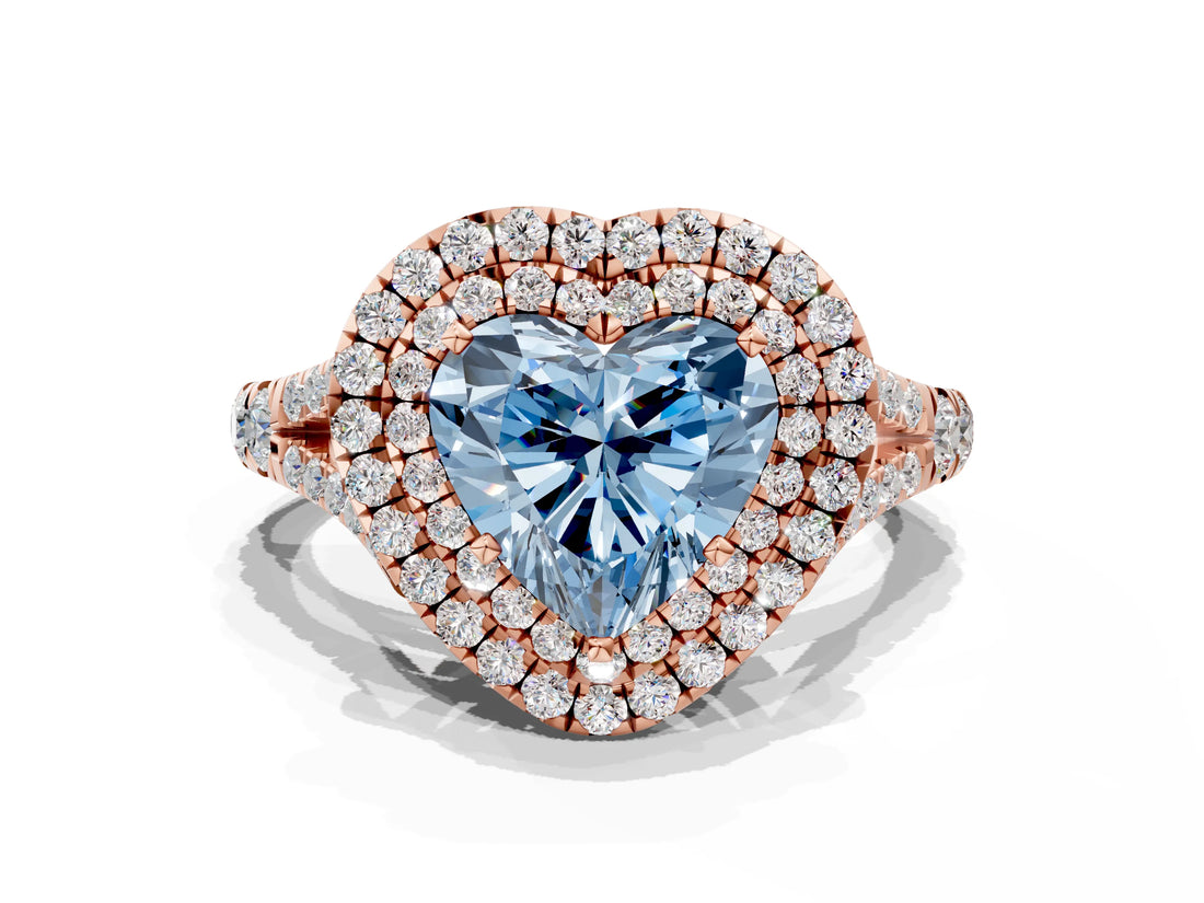 Rose gold Double Halo Fancy Blue Heart Cut Diamond Split Shank Engagement Ring with Four-Prong Setting_3