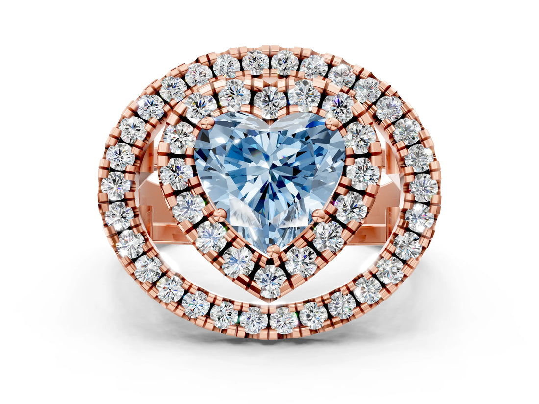 Rose gold Double Halo Fancy Blue Heart Cut Diamond Split Shank Prong Setting Ring