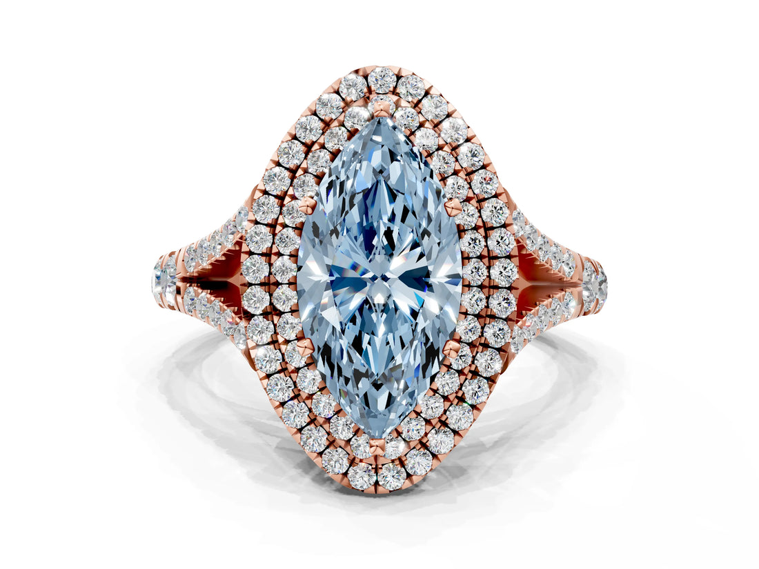 Rose gold Double Halo Fancy Blue Marquise -Shaped Split Shank Diamond Ring with Prong Setting_15