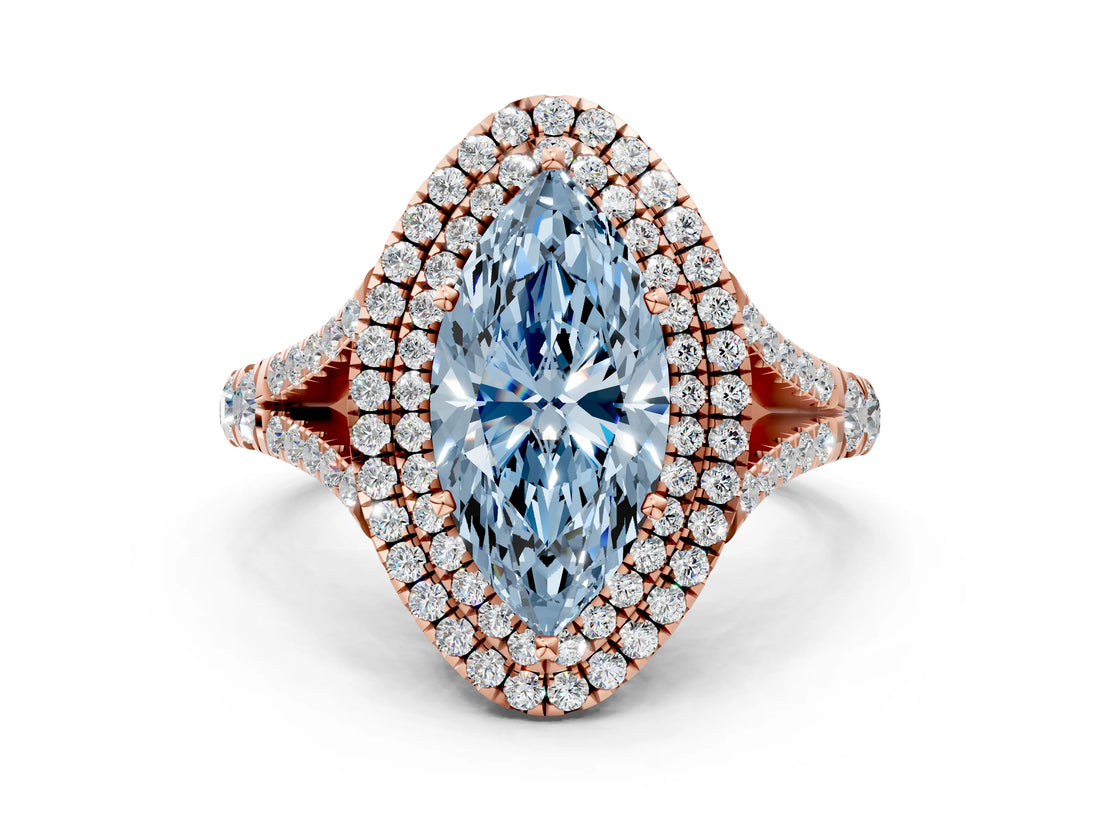 Rose gold Double Halo Fancy Blue Marquise Cut Diamond Split Shank Engagement Ring with Four-Prong Setting_3
