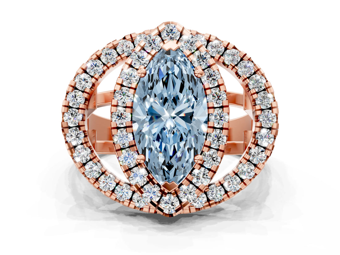 Rose gold Double Halo Fancy Blue Marquise Cut Diamond Split Shank Prong Setting Ring