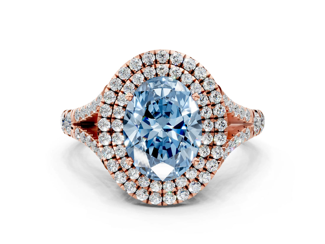 Rose gold Double Halo Fancy Blue Oval Cut Diamond Split Shank Engagement Ring with Four-Prong Setting_3