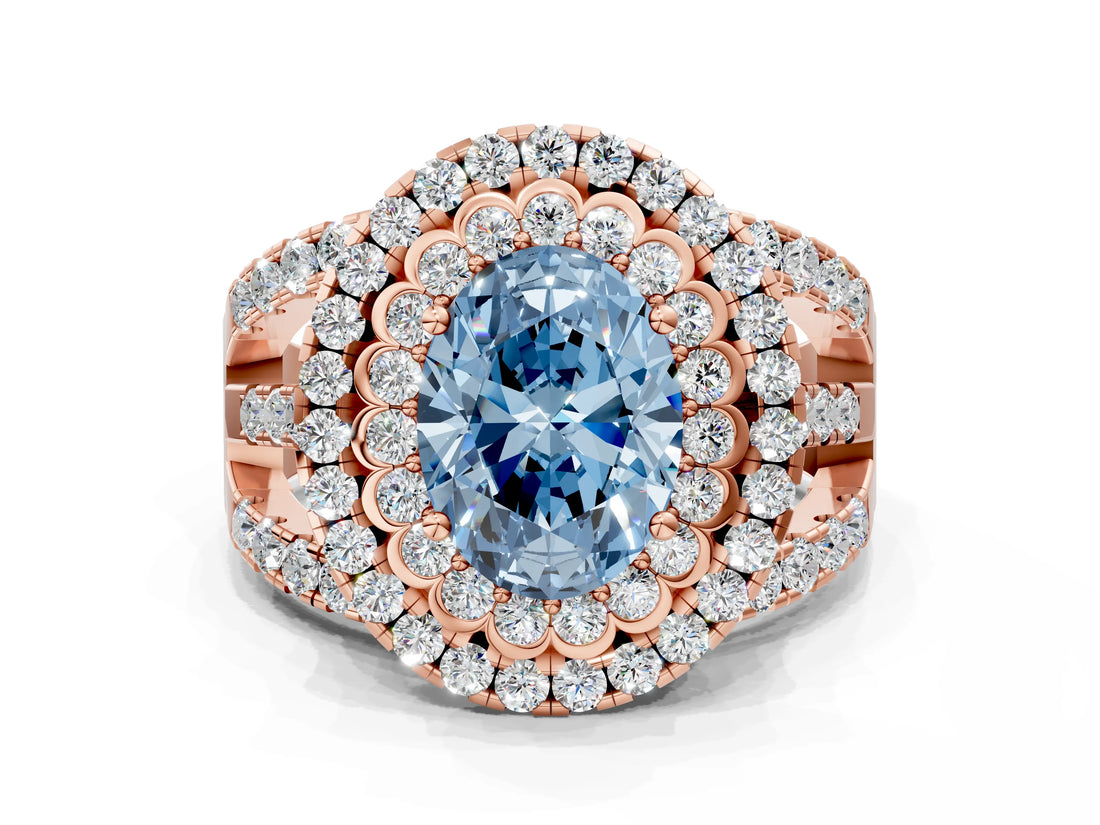 Rose gold Double Halo Fancy Blue Oval Cut Diamond Split Shank Pave Set Ring_3