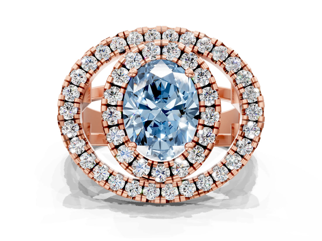Rose gold Double Halo Fancy Blue Oval Cut Diamond Split Shank Prong Setting Ring