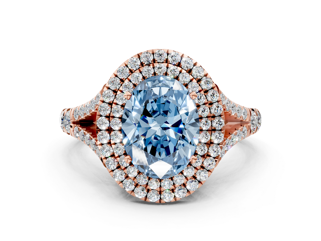 Rose gold Double Halo Fancy Blue Oval  Cut Diamond Split Shank Ring with Four Prong Setting_20