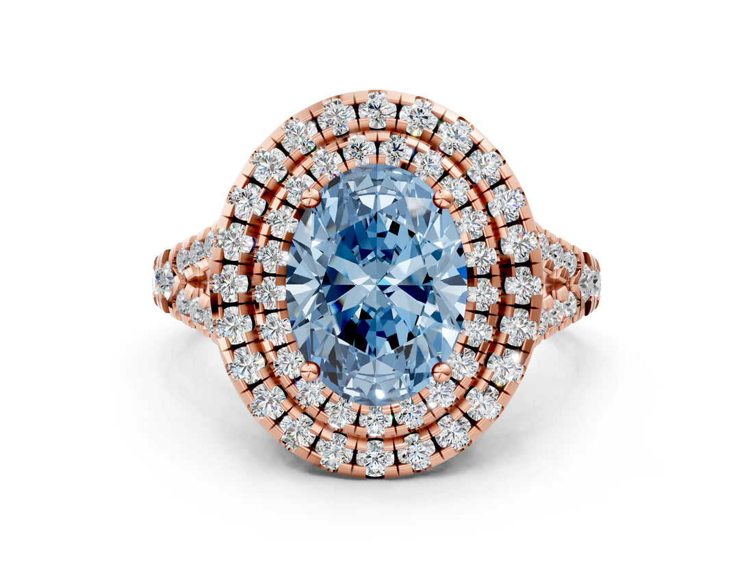Rose gold Double Halo Fancy Blue Oval  Cut Pave Split Shank Prong Set Ring_15