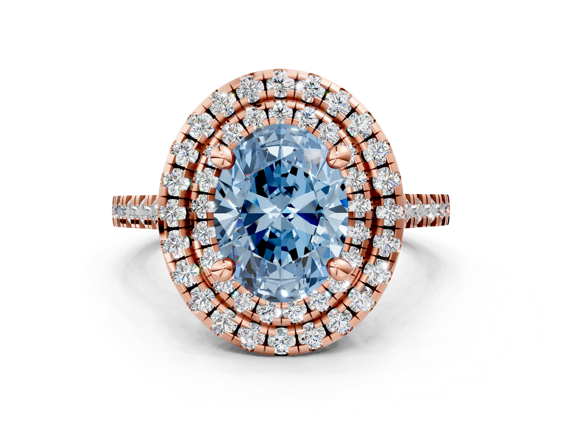 Rose gold Double Halo Fancy Blue Oval  Diamond Pave Band with Four-Prong Setting_43