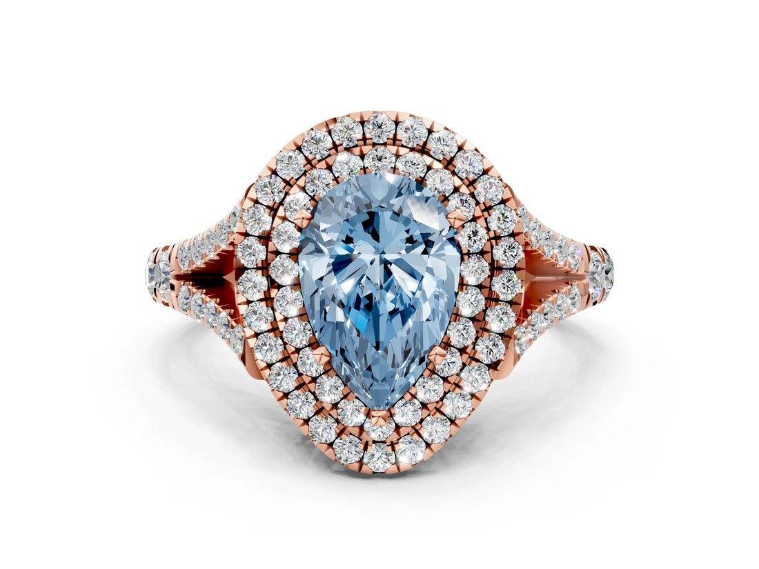 Rose gold Double Halo Fancy Blue Pear -Shaped Split Shank Diamond Ring with Prong Setting_15