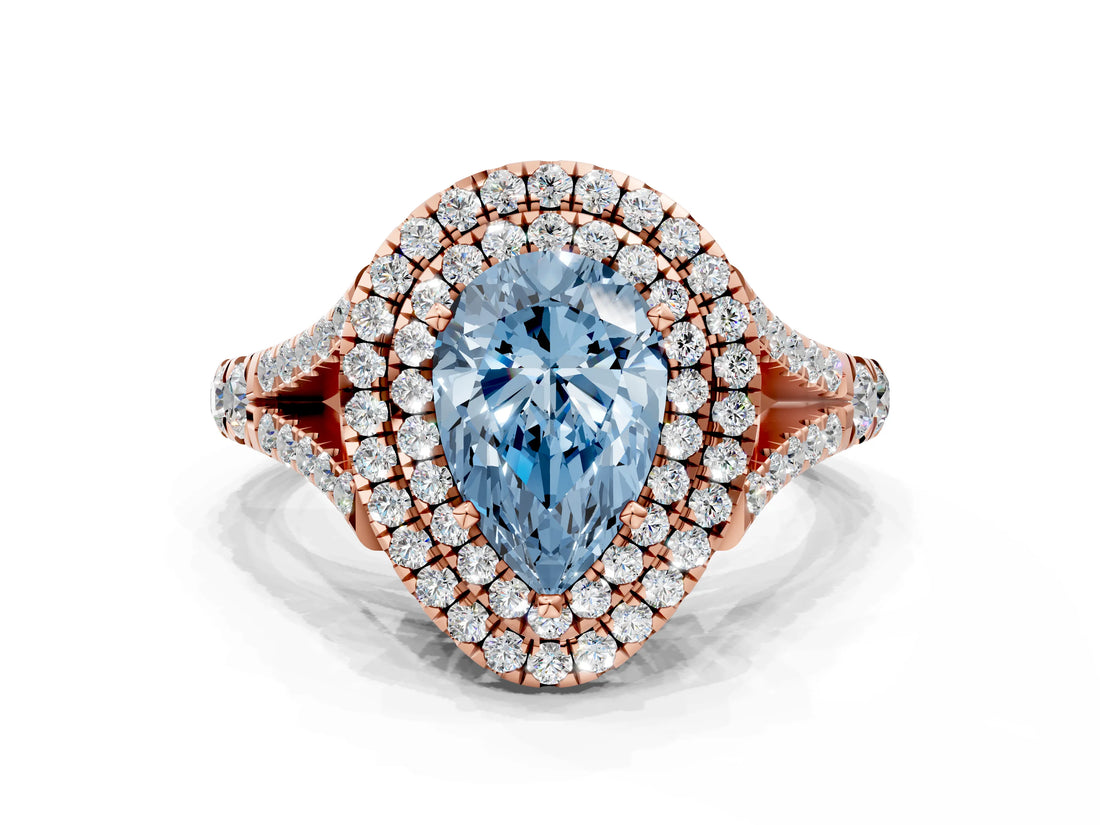 Rose gold Double Halo Fancy Blue Pear Cut Diamond Split Shank Engagement Ring with Four-Prong Setting_3