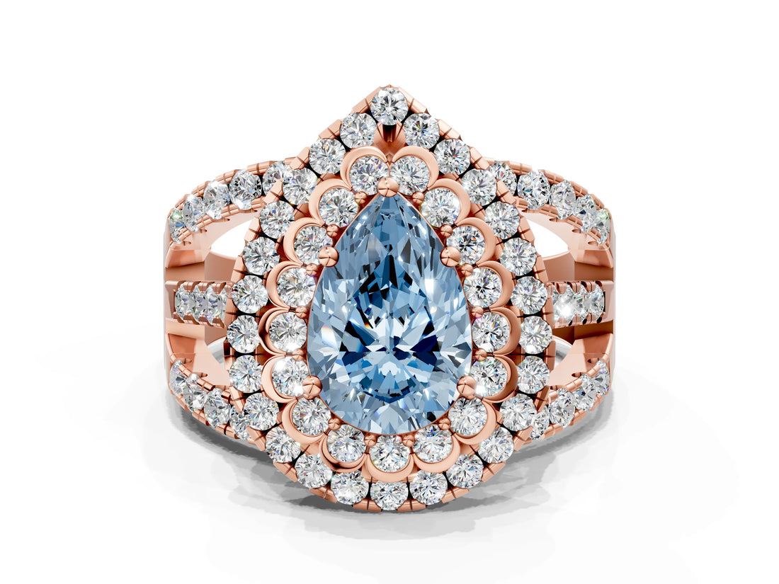 Rose gold Double Halo Fancy Blue Pear Cut Diamond Split Shank Pave Set Ring_3