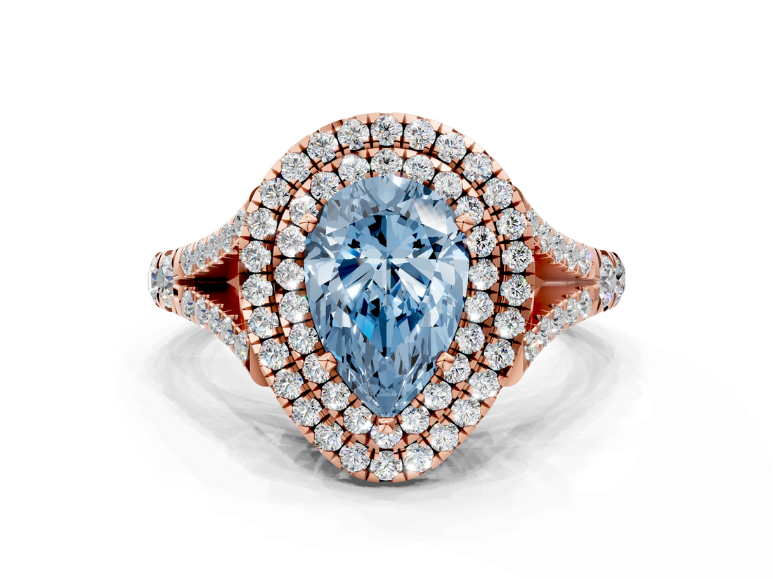 Rose gold Double Halo Fancy Blue Pear  Cut Diamond Split Shank Ring with Four Prong Setting_52