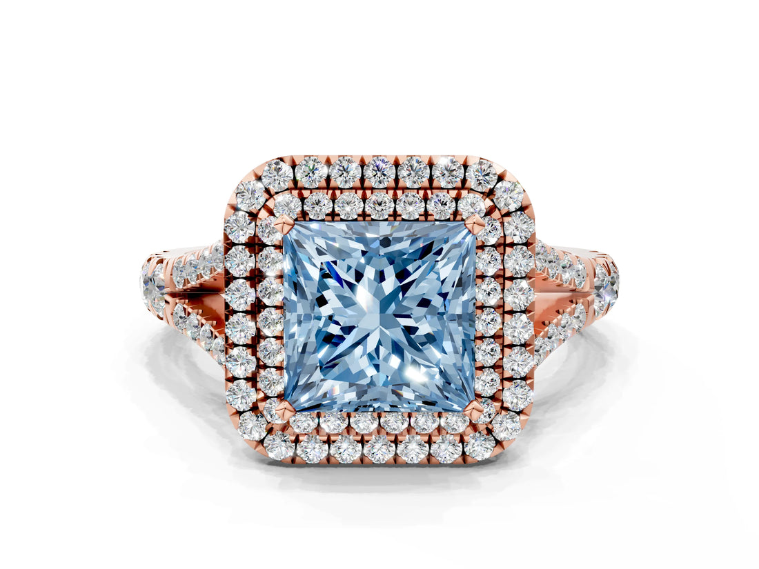 Rose gold Double Halo Fancy Blue Princess -Shaped Split Shank Diamond Ring with Prong Setting_15