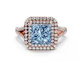 Rose gold Double Halo Fancy Blue Princess -Shaped Split Shank Diamond Ring with Prong Setting_15