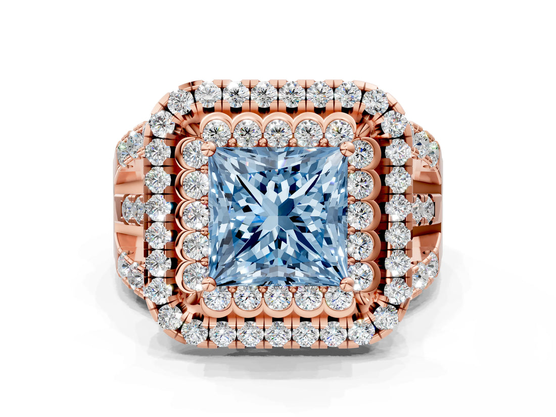 Rose gold Double Halo Fancy Blue Princess Cut Diamond Split Shank Pave Set Ring_3