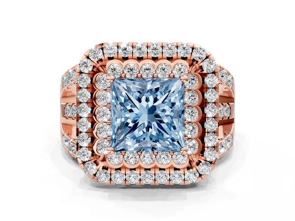 Rose gold Double Halo Fancy Blue Princess Cut Diamond Split Shank Pave Set Ring