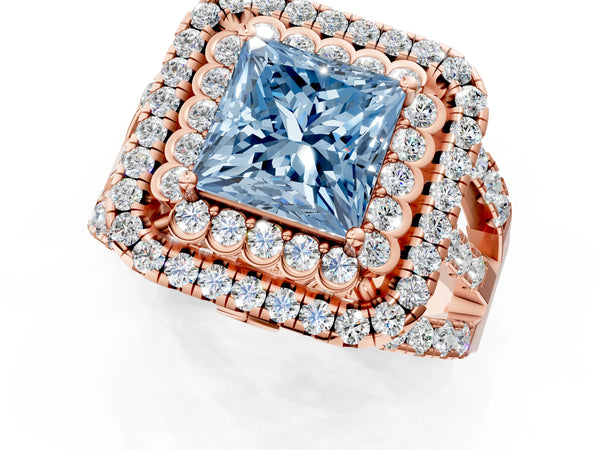 Rose gold Double Halo Fancy Blue Princess Cut Diamond Split Shank Pave Set Ring