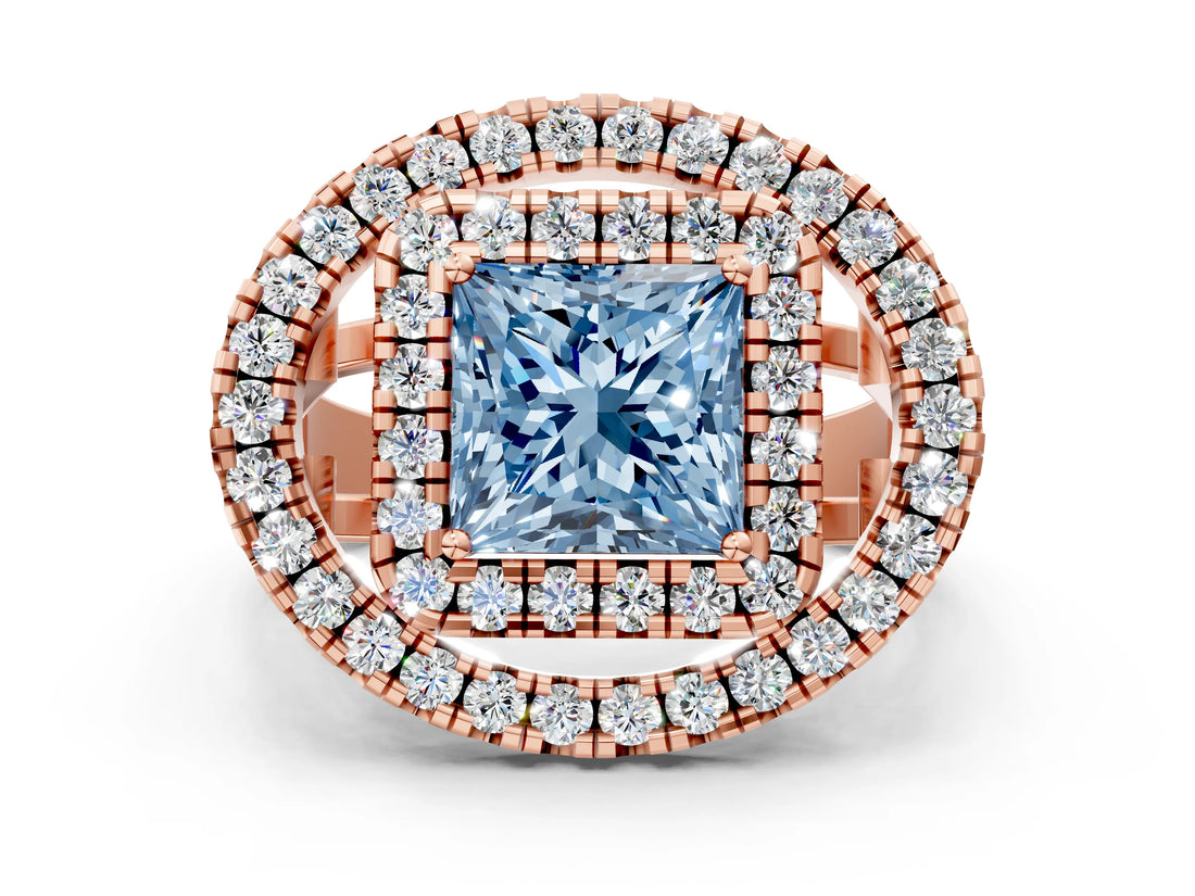 Rose gold Double Halo Fancy Blue Princess Cut Diamond Split Shank Prong Setting Ring