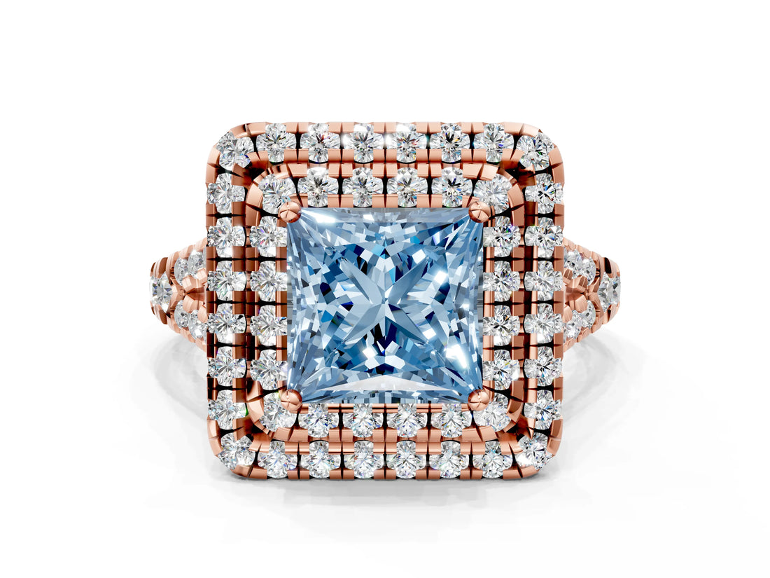 Rose gold Double Halo Fancy Blue Princess  Cut Pave Split Shank Prong Set Ring_15