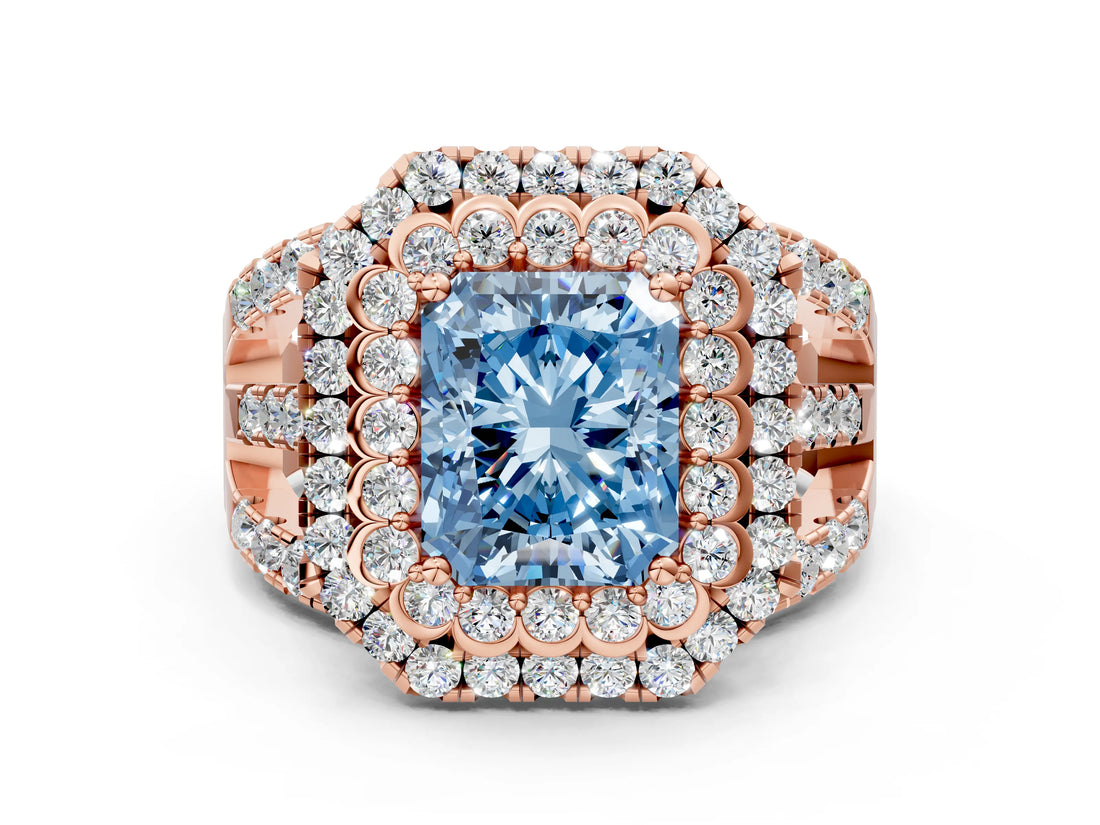 Rose gold Double Halo Fancy Blue Radiant Cut Diamond Split Shank Pave Set Ring_3